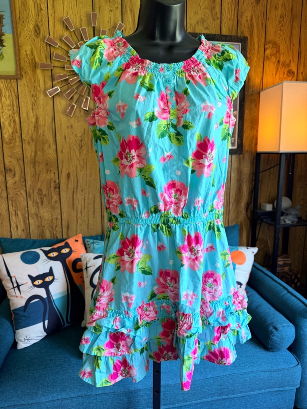 Cherokee Turquoise Floral Ruffle Hem Casual Dress
